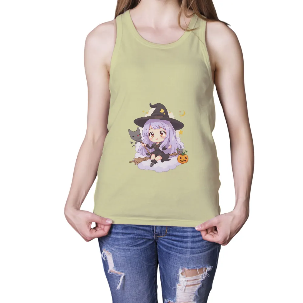 Tee Shirts Printed: Enchanted Witch's Halloween Adventure| witch with black cat