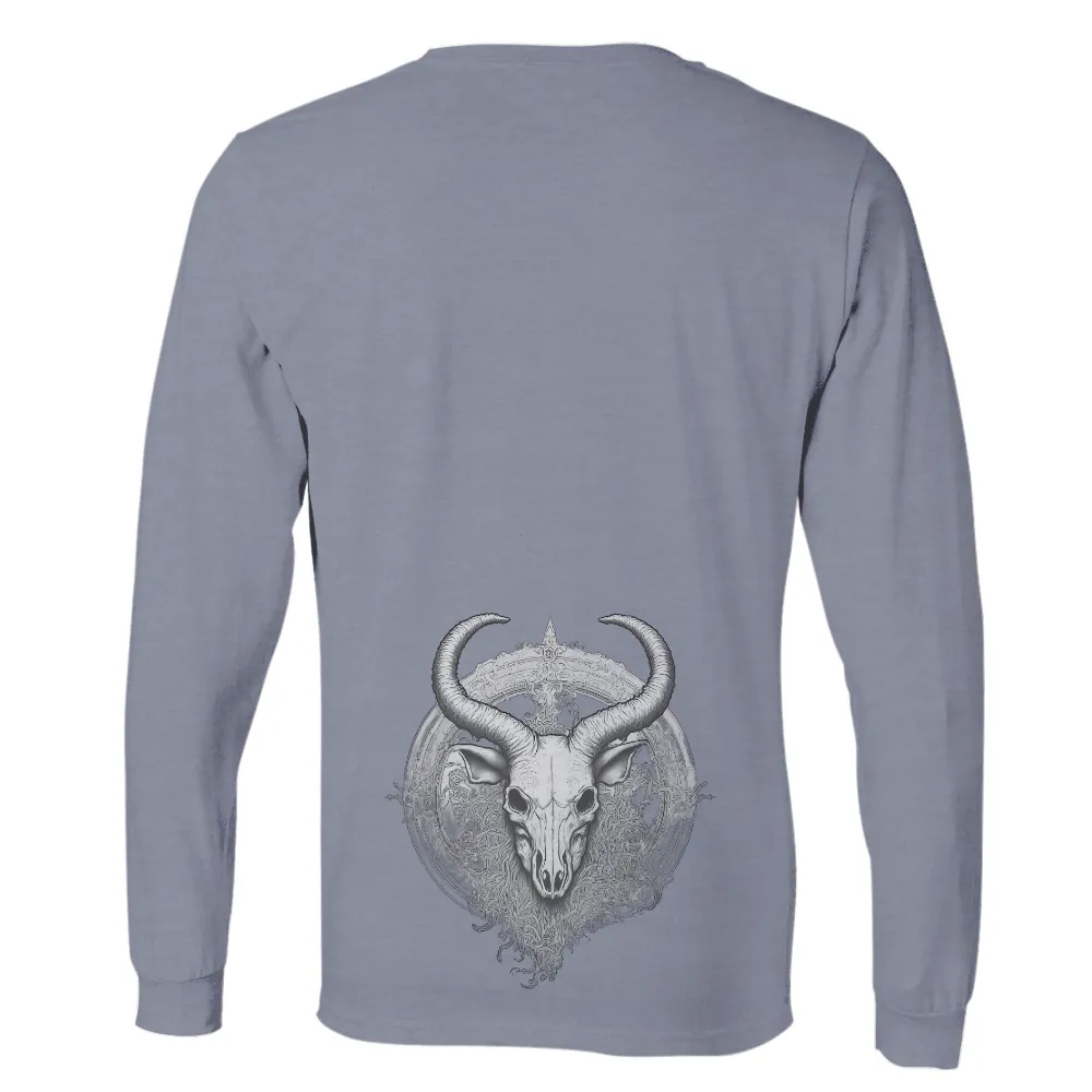 Monochrome Graphic with Intricate Skull, Horns, and Headdress Art|roblox skull t shirt