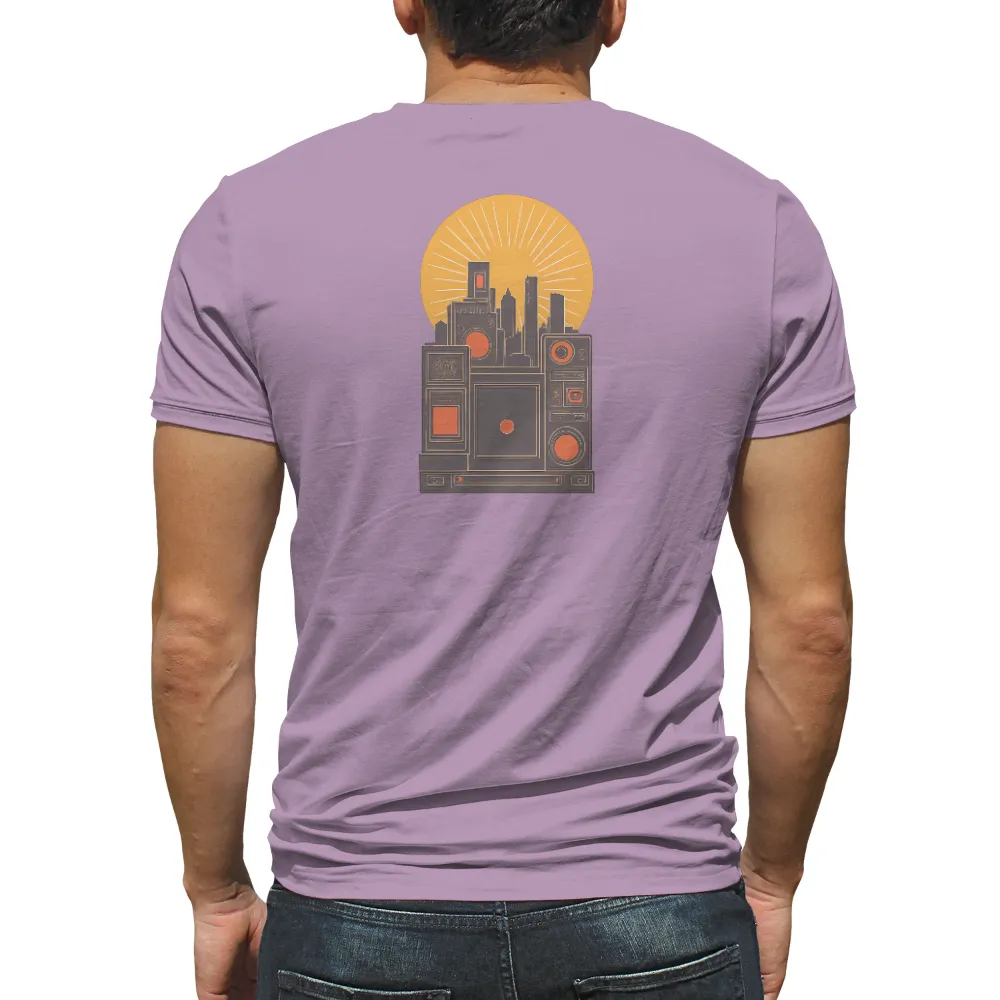 Retro Print Design: Vintage Boombox & City Skyline Nostalgia|men's vintage cherub graphic tee