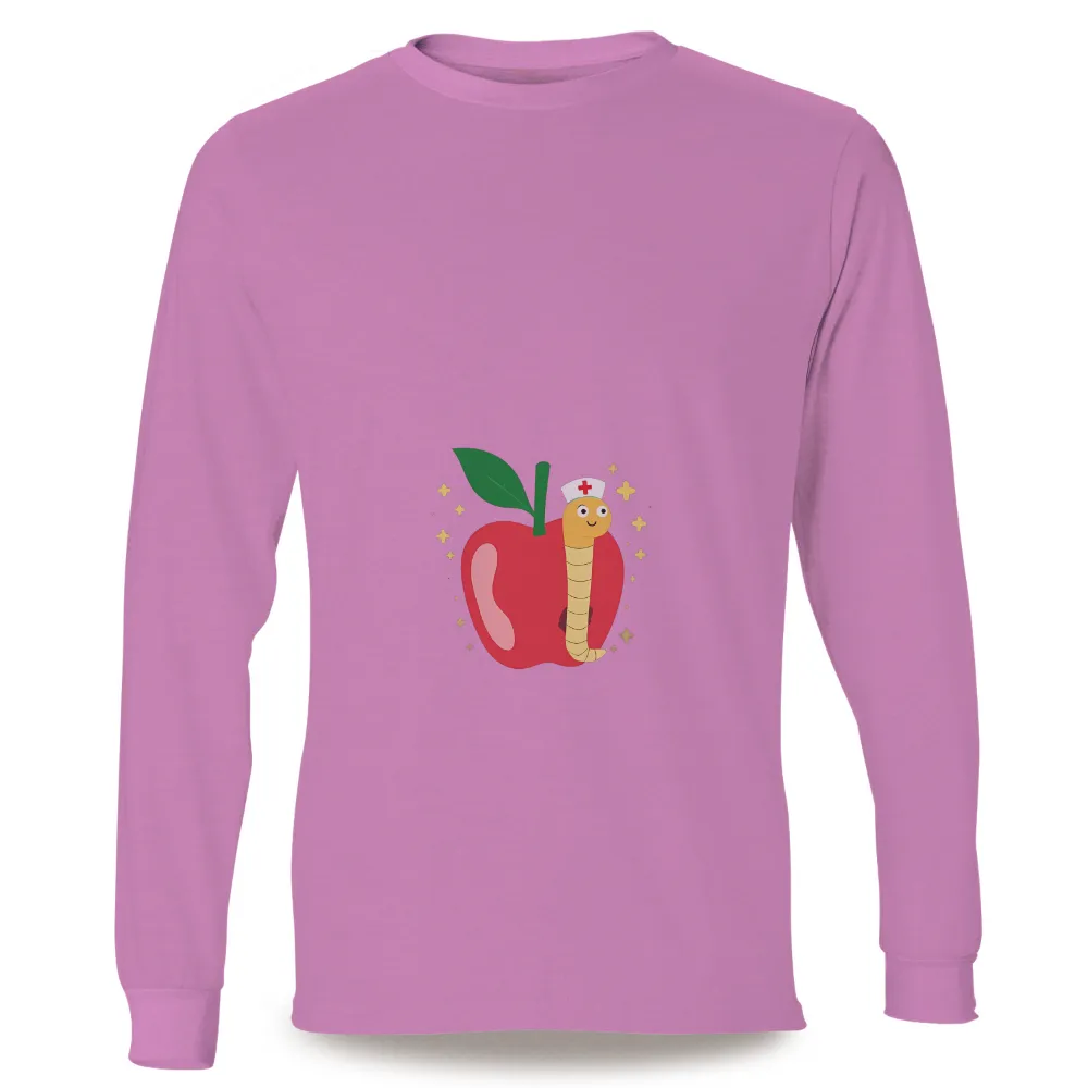 TShirt Design: Whimsical Apple with Nurse Worm| Garden scene with a playful worm