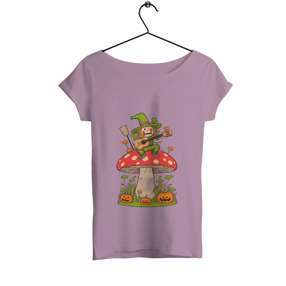 T-Shirts Pattern: Whimsical Scarecrow Playing Guitar on Mushroom|halloween t shirts for pregnant moms