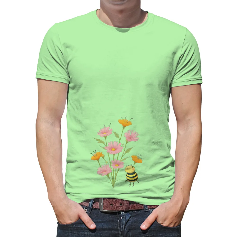 Tee Shirts Printed: Bumble's Harmony in the Meadow|white and neon pink shirt