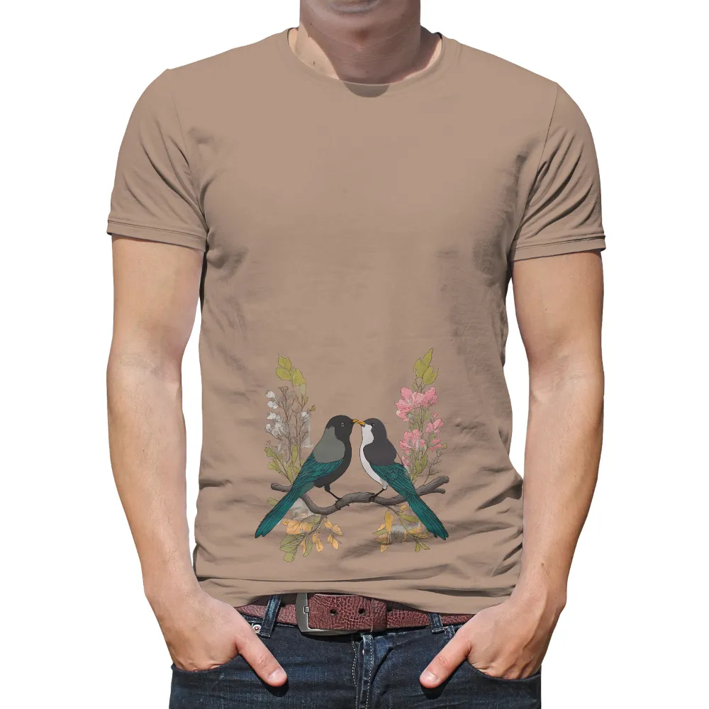 Custom Tee Shirts: Birds of Love | Unity and Peace| Delicate flowers surrounding birds