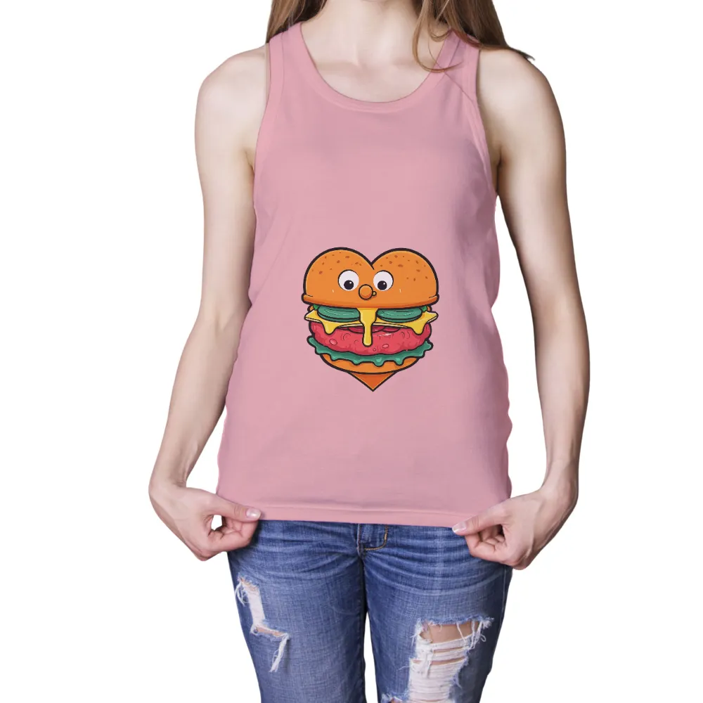 Customized Tee Shirts: Whimsical Heart Burger | Comfort Food Love|Heart-shaped burger with wide eyes