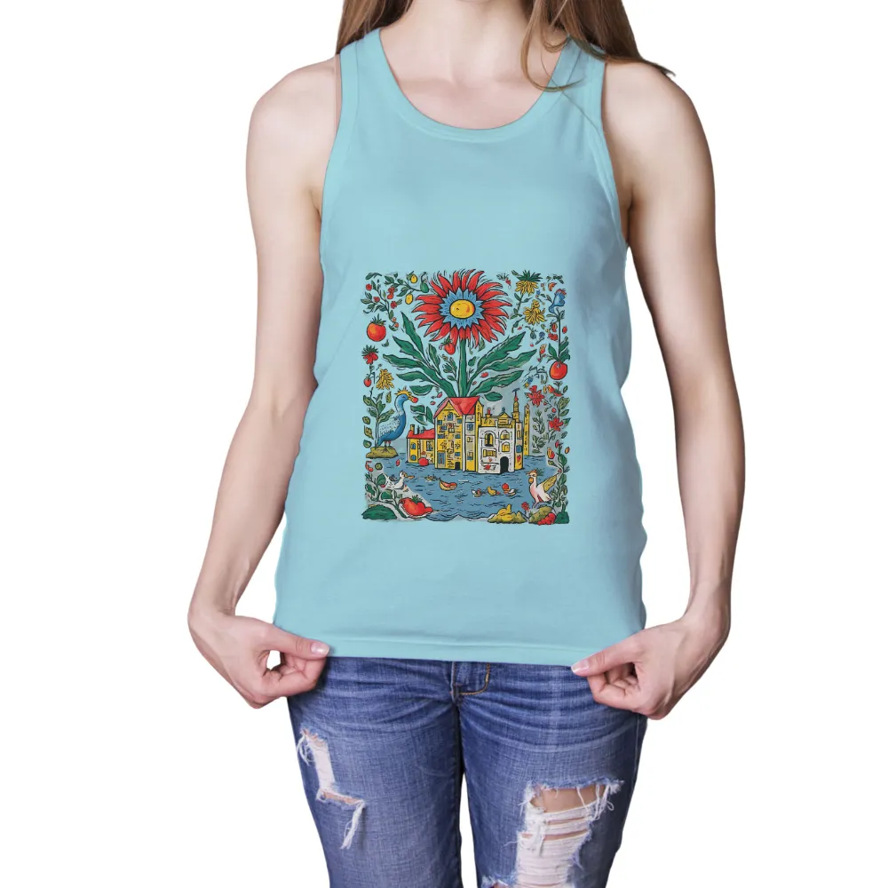 Whimsical Sunflower Village | T-Shirts Design| Ducks swimming in the river