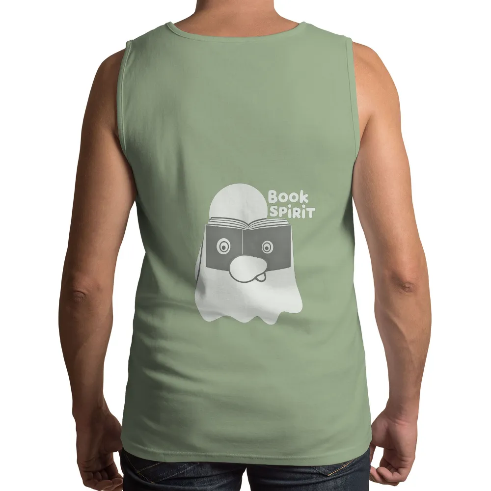 T-Shirts Design: Book Spirit - Whimsical Ghost Reading| Friendly ghost holding an open book