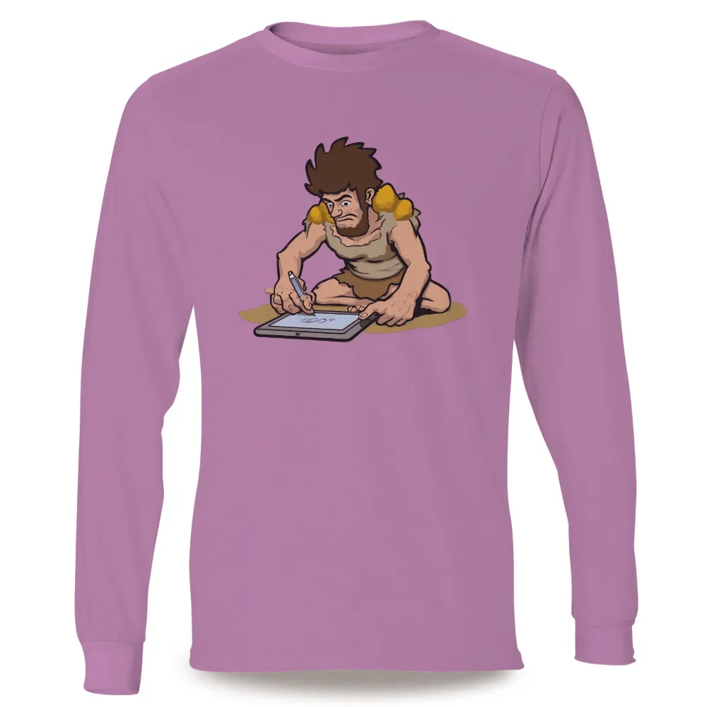 T-Shirts Pattern: Caveman Meets Modern Technology|Caveman using a tablet