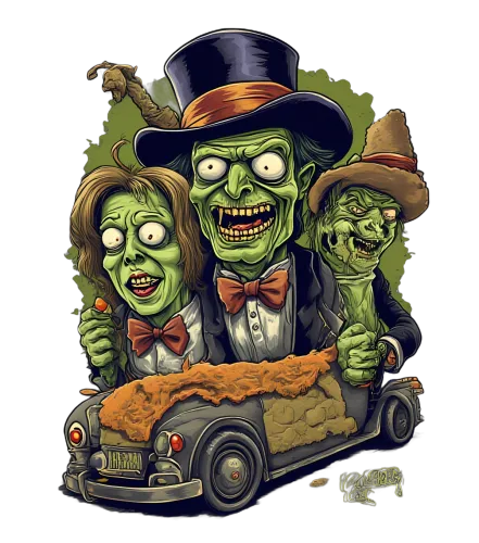 T-Shirts Design: Zombie Friends in Vintage Car - Funny & Quirky