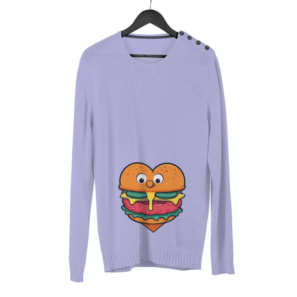 Customized Tee Shirts: Whimsical Heart Burger | Comfort Food Love|Heart-shaped burger with sesame seed buns