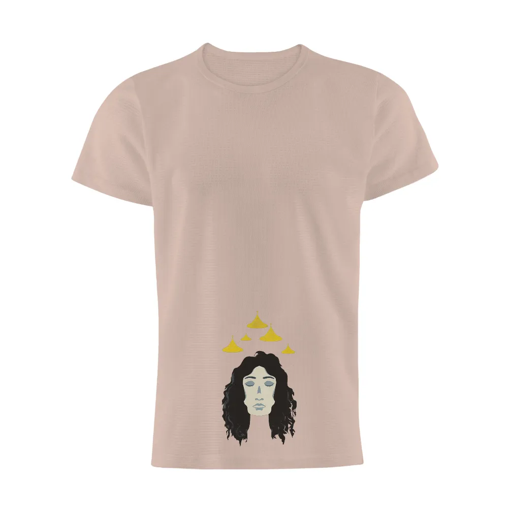 T-Shirts Custom: Serenity Lanterns - Guiding Lights for Inner Peace| Five golden lanterns floating above her head