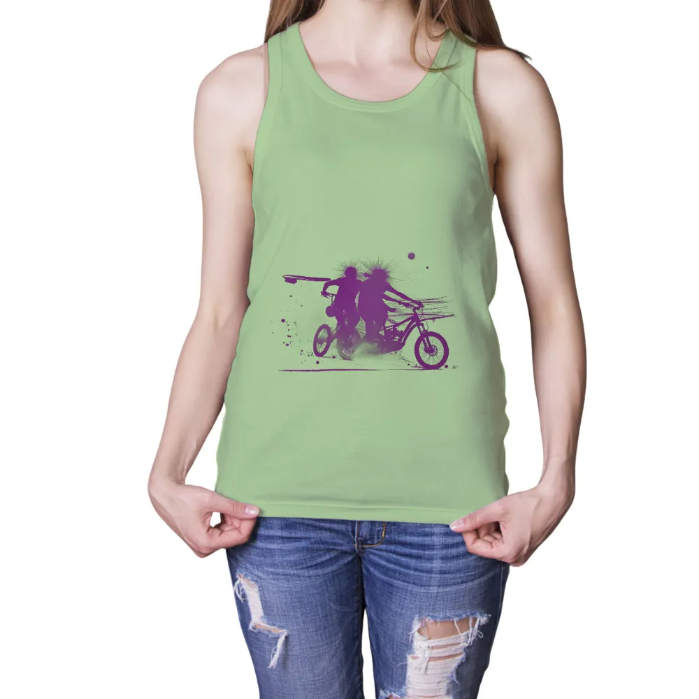 T-Shirts Pattern: Adventure on Wheels with Surfboard|Vibrant purple silhouette of two individuals on a motorcycle