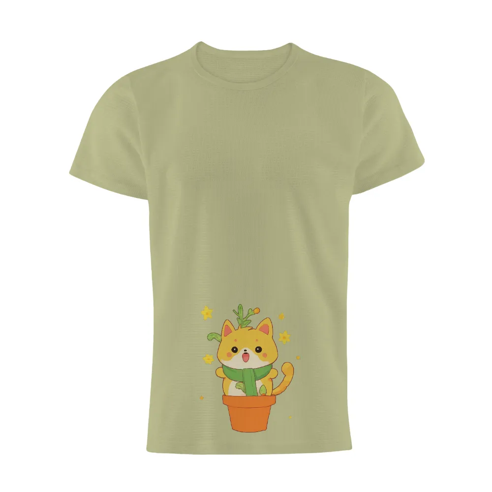 TShirt Design: Whimsical Yellow Cat in Orange Flower Pot| yellow cat sitting in an orange flower pot