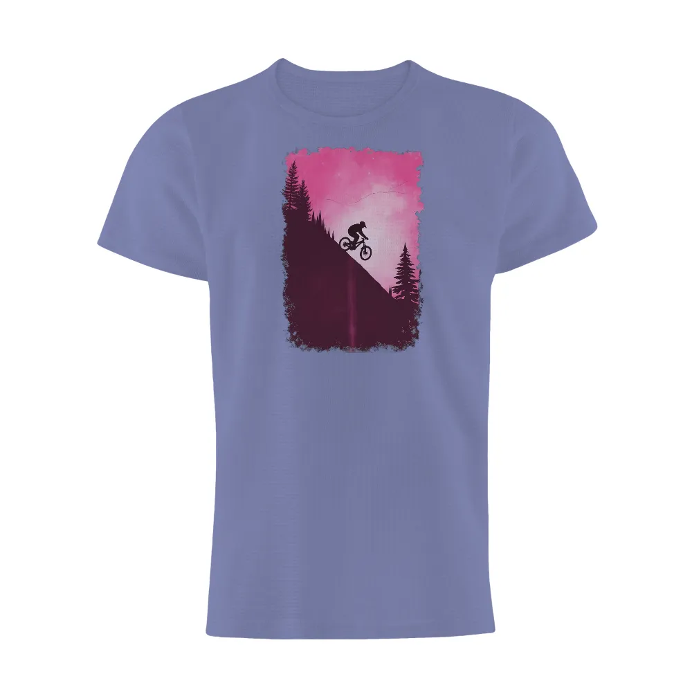 Customized Tee Shirts: Mountain Biking Adventure in Pink Sky| trees and rugged terrain