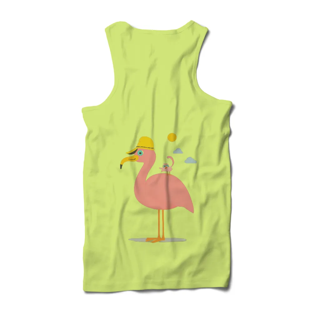 Customized Tee Shirts: Whimsical Friendship with Flamingo Fred and Tweet| Whimsical illustration of Flamingo Fred and Tweet