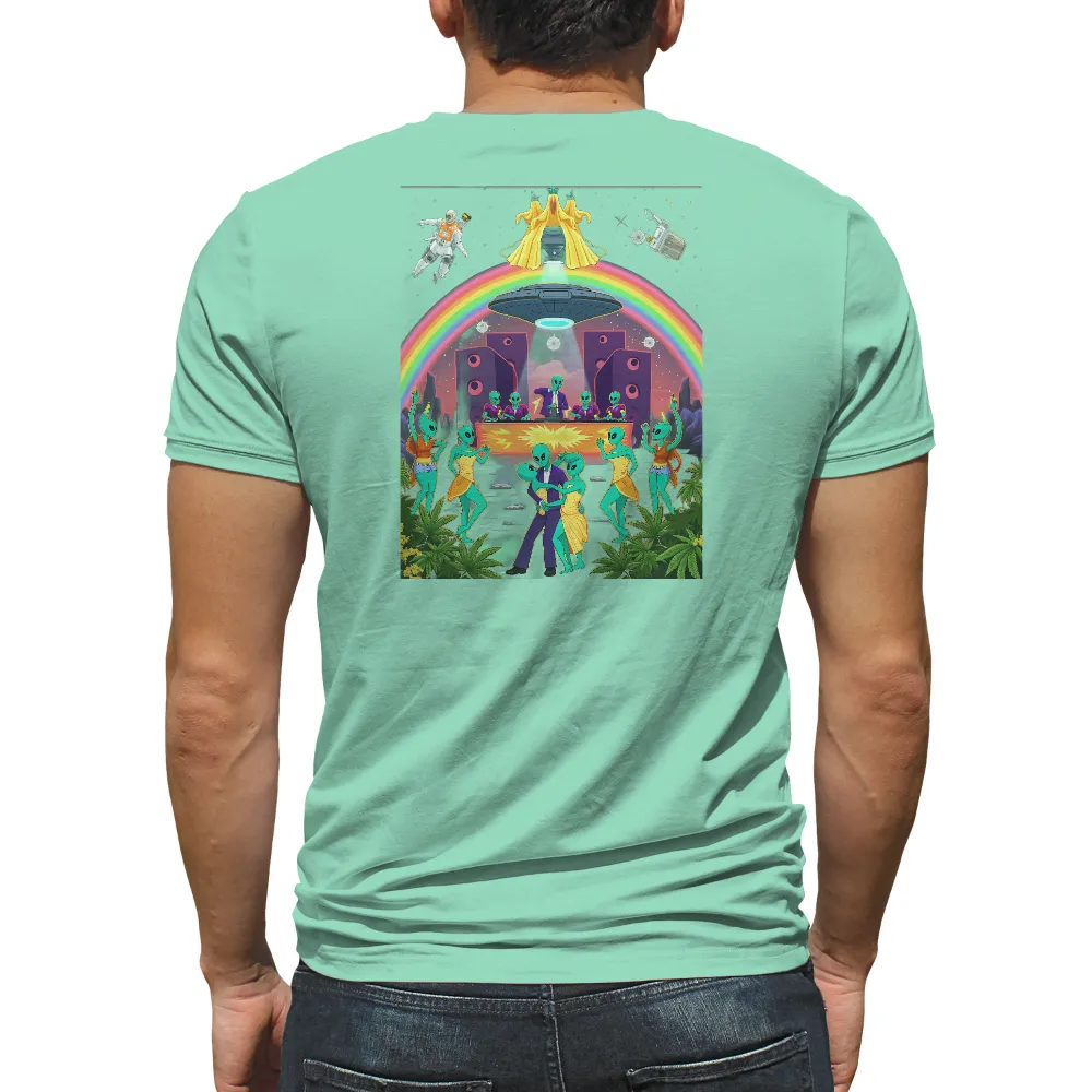 T-Shirts Design: Cosmic Party Under the Rainbow| lush greenery