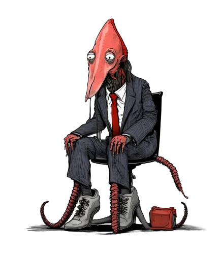 Surreal and Satirical Design: Humanoid Squid in Formal Suit with Red Tentacles