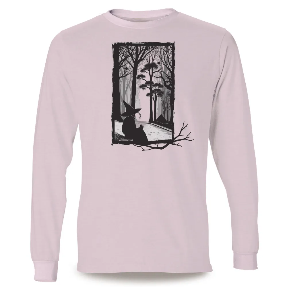 T-Shirts Custom: Elara's Window - Witch Silhouette in the Forest|sci fi fantasy biker tee