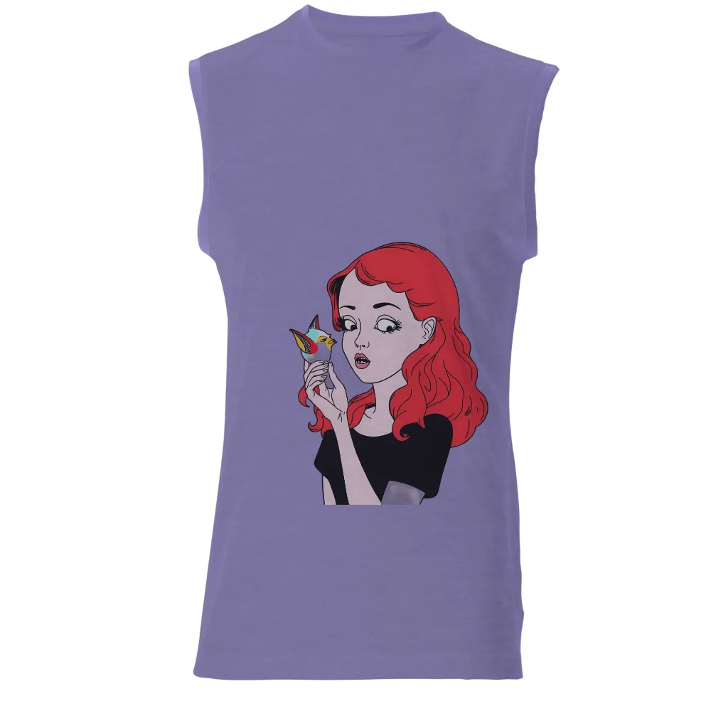 TShirt Design: Red Hair Woman with Bird - Nature's Harmony| Black background