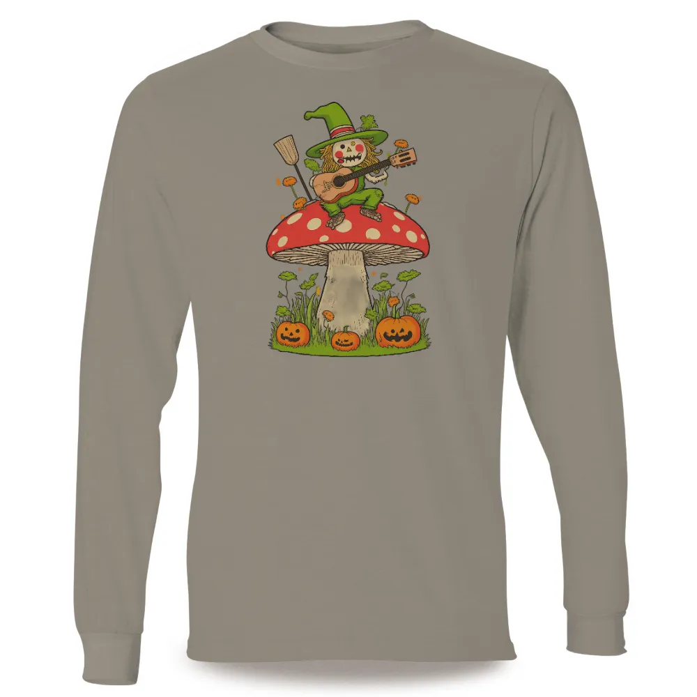 T-Shirts Pattern: Whimsical Scarecrow Playing Guitar on Mushroom|hydro flask shirts for halloween