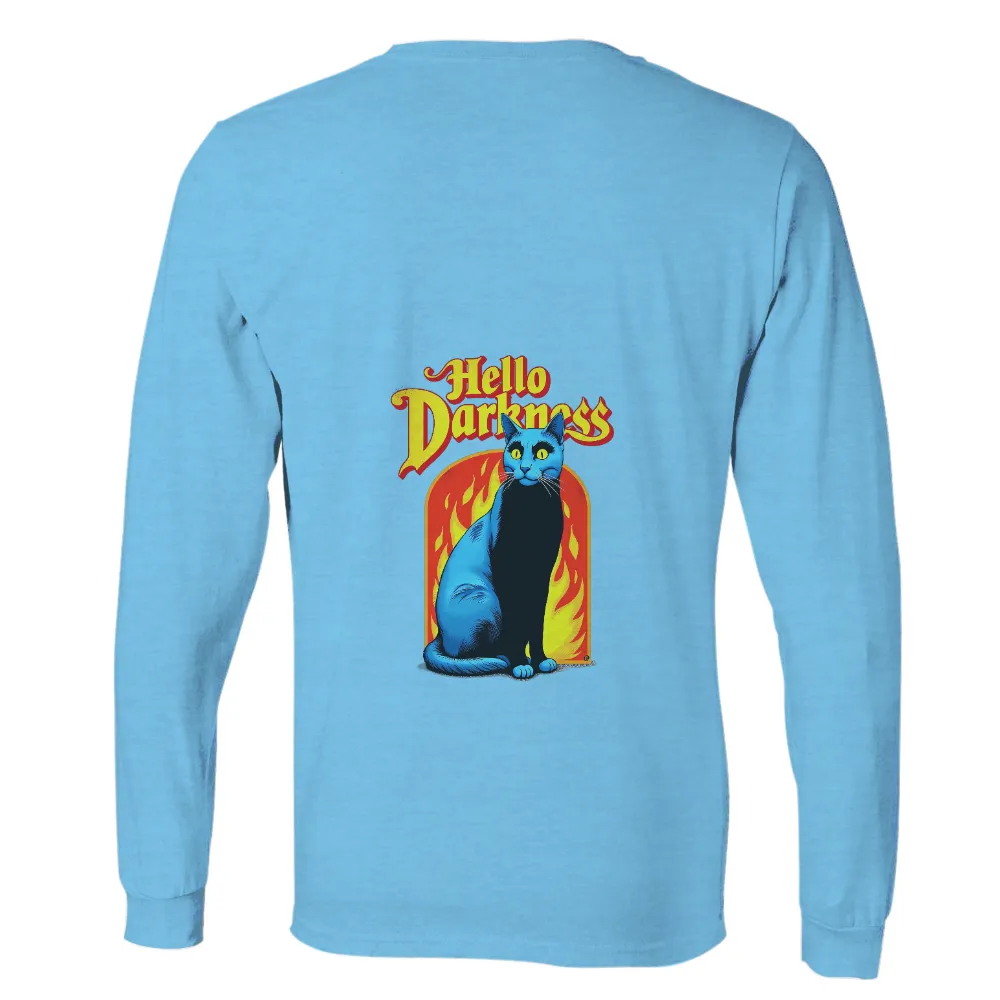 T-Shirts Custom: Blue Cat Embracing Hello Darkness| Vibrant flames background