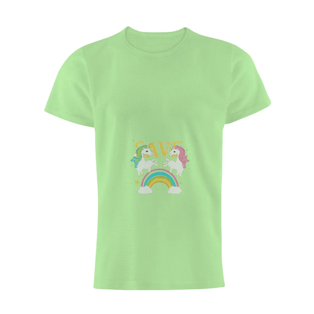 Customized Tee Shirts: Save the Magic with Unicorns and Rainbows|white long sleeve shirt with rainbow stripe