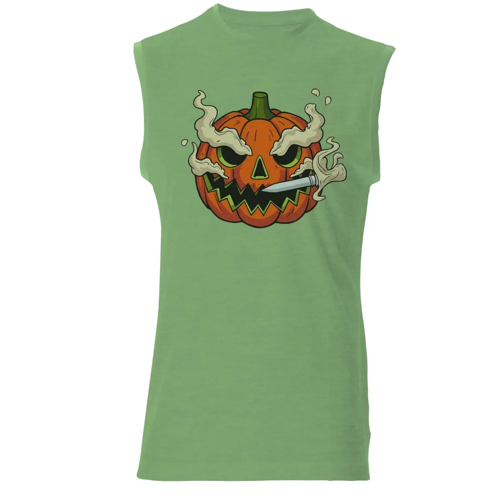 Custom Tee Shirts: Spooky Pumpkin with Knife for Halloween| Dark and eerie pumpkin