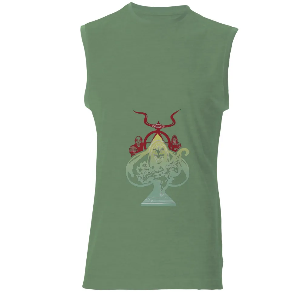 T-Shirts Pattern: Mysterious Figure with Red Horns|Mysterious figure with flowing hair