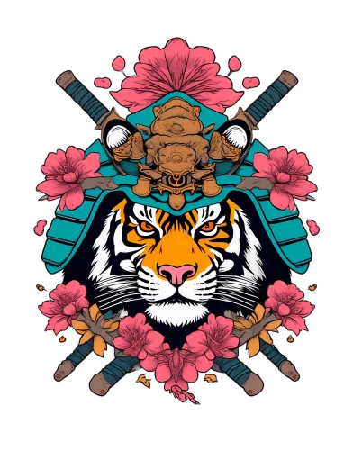 T-Shirt Printing: Tiger Samurai with Cherry Blossoms - Artistic Design