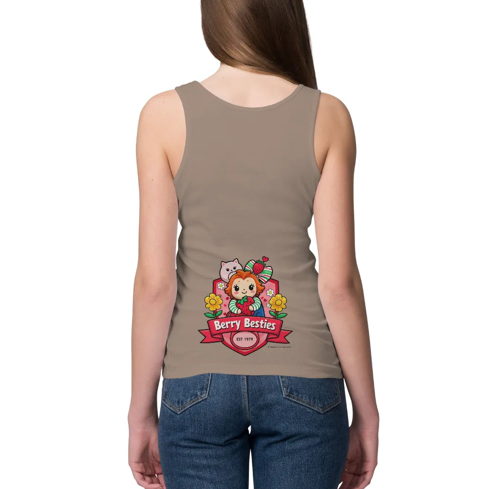 Graphic Tees: Berry Besties - Whimsical Vintage Design| Pink cat peeking over Berry's shoulder