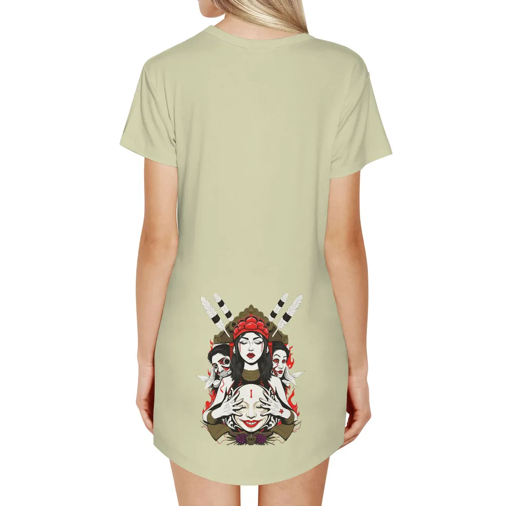 Custom Tee Shirts: Enigmatic Figure with Feathers and Flames| meditation