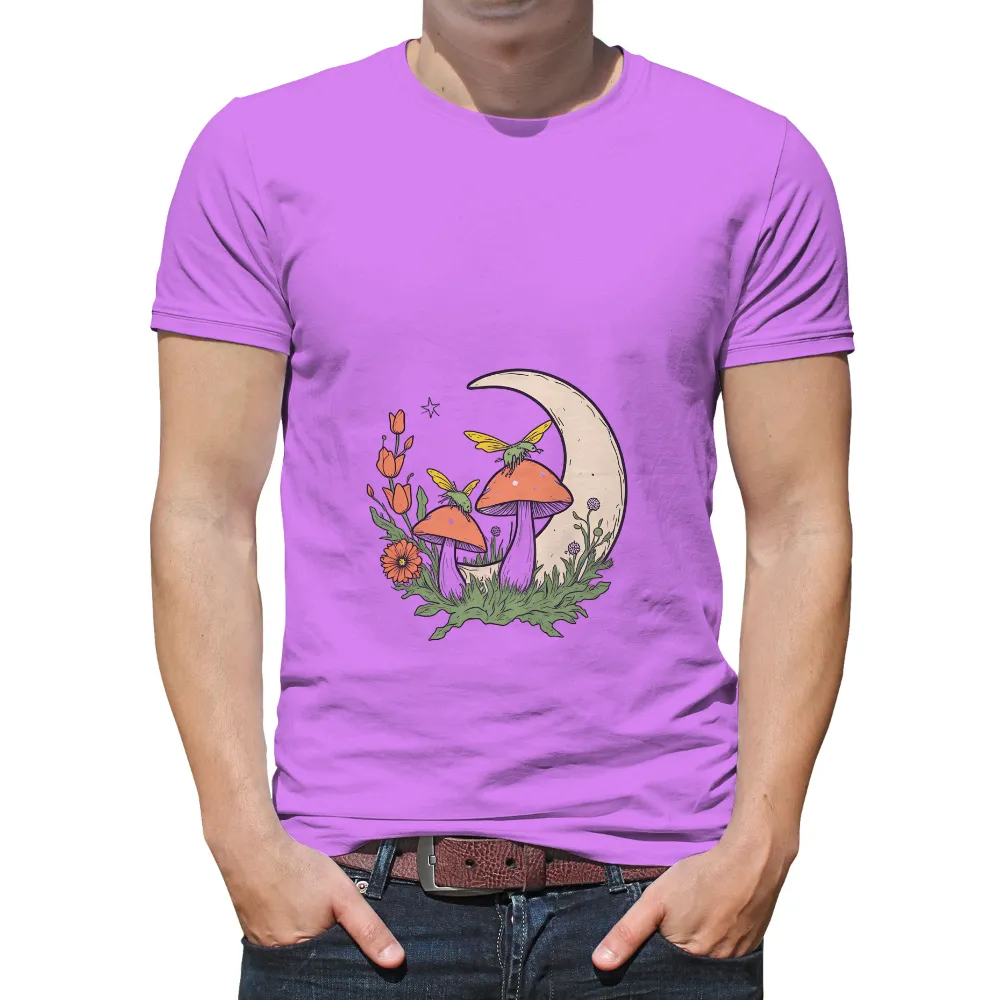 T-Shirts Pattern: Fireflies and Mushrooms Under the Crescent Moon|t shirt painting on nature