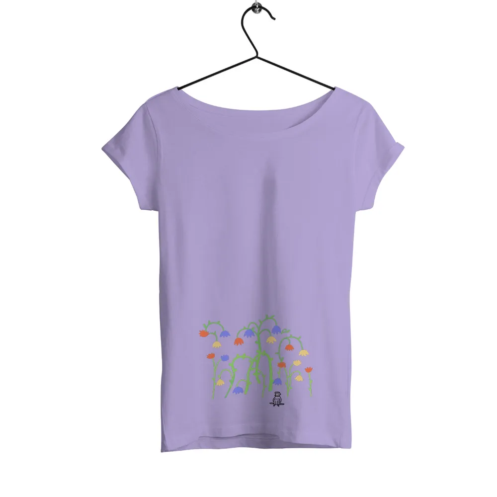 Shirts Graphic Tees: Whimsical Garden of Joyful Spirit|Small figure sitting in a garden