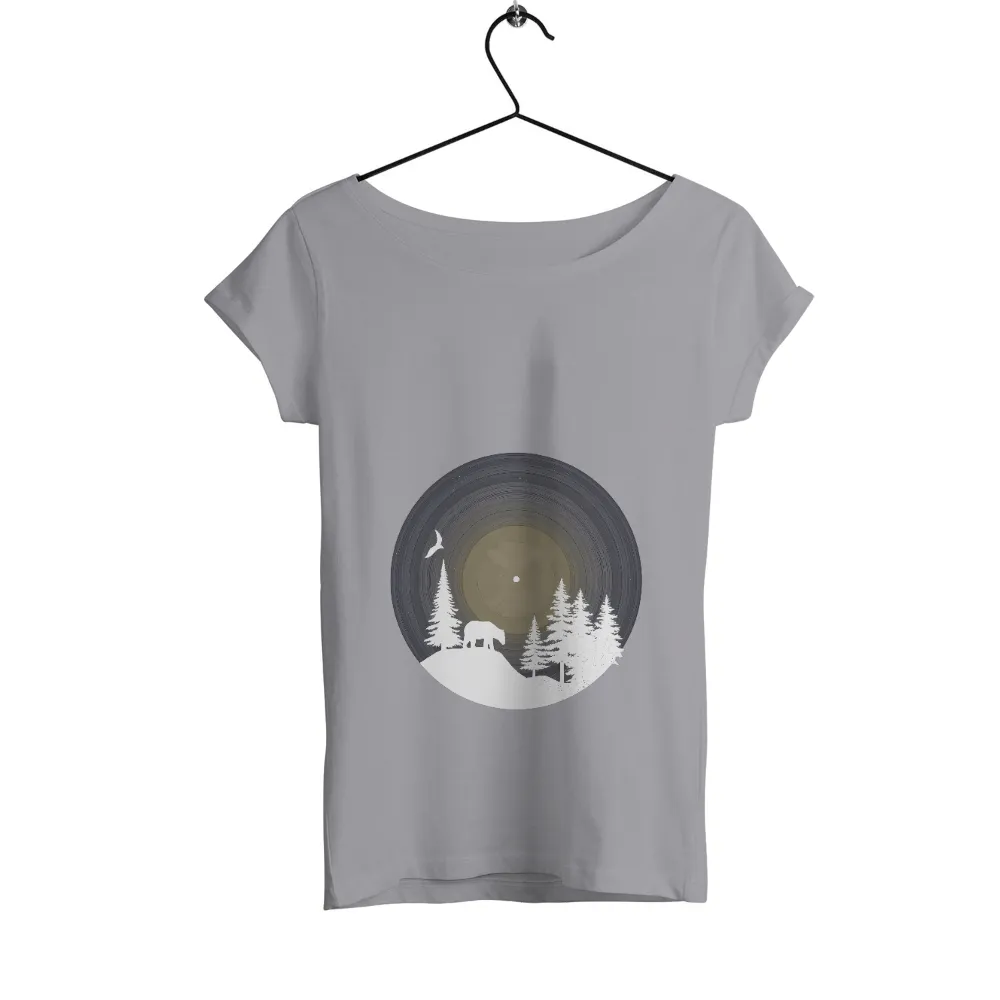 T-Shirts Design: Vintage Forest Night with Bear and Vinyl Grooves|retro summer linen shirt