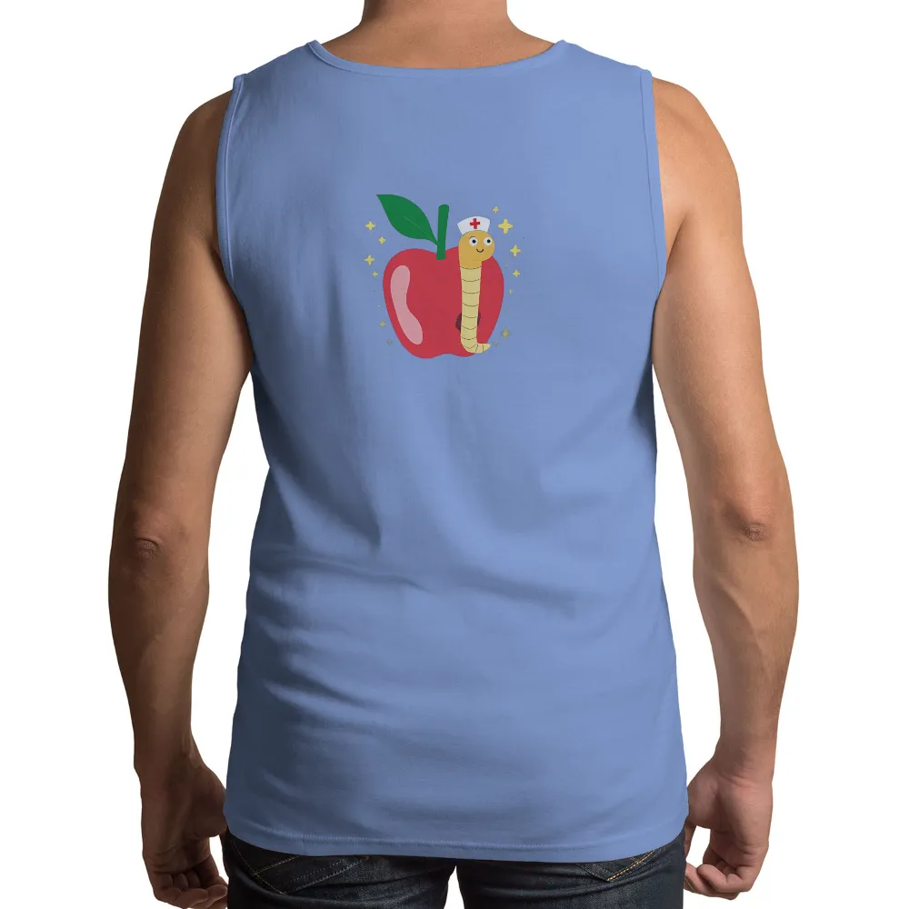 TShirt Design: Whimsical Apple with Nurse Worm| Cheerful worm in a nurse hat