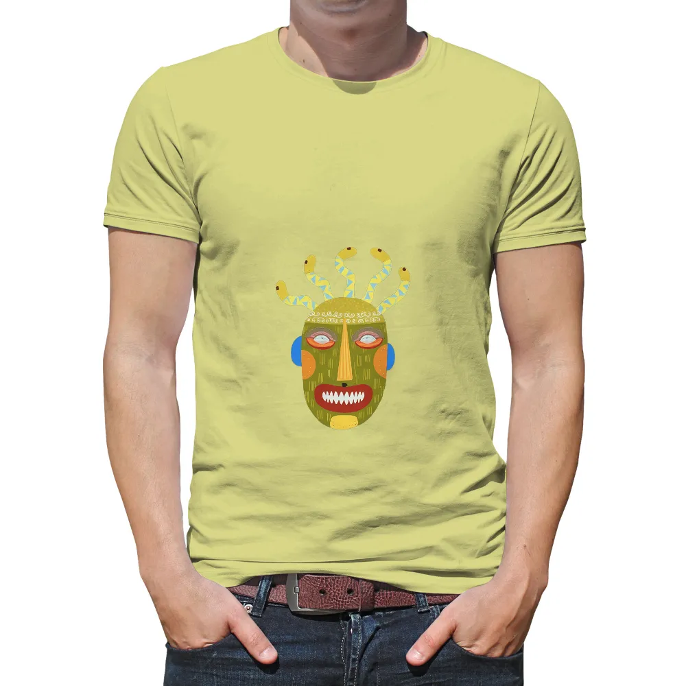 Custom Tee Shirts: Vibrant Mask Inspired by African Art| Exaggerated features mask