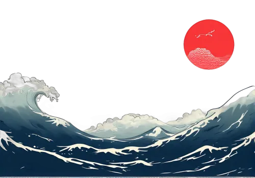 Tee Shirts Printed: Waves and Red Moon - Artistic Design