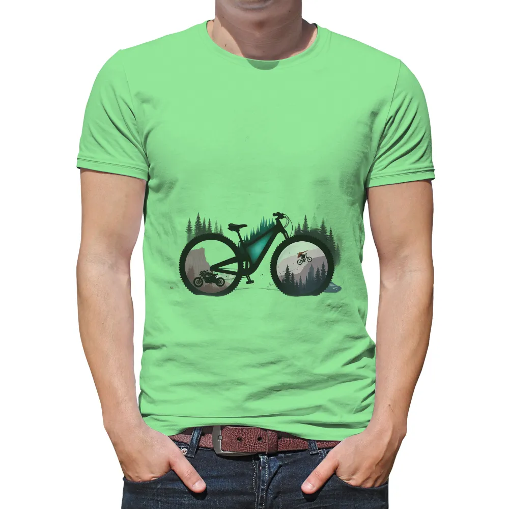 T-Shirt Printing: Adventure Awaits with Mountain Biking Silhouette| motorcyclist navigating through a forest