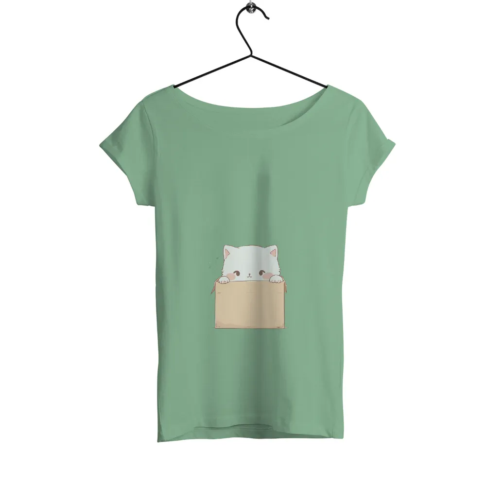 Tee Shirt Printing: Curious Kitten in a Cardboard Box | Life Theme T-Shirts|Cute white kitten peeking out from a cardboard box