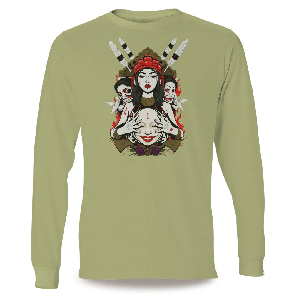 Custom Tee Shirts: Enigmatic Figure with Feathers and Flames|Central figure with red headdress