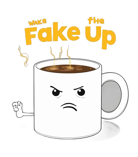 Custom Design with 'Wake the Fake Up': Coffee, Anger, Fist, Irony, and Humor