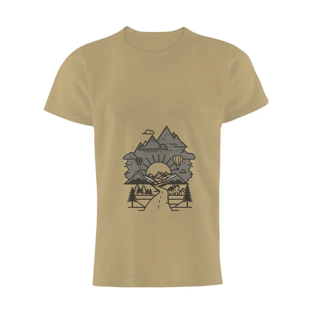 T-Shirts Pattern: Journey Through Nature with Mountains and Hot Air Balloons| central sun radiating warmth