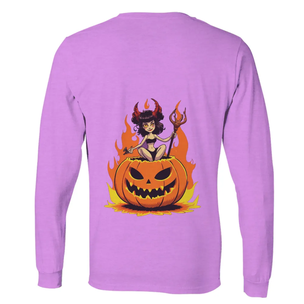 Custom T-Shirt Printing: Halloween Devil Girl with Jack-O-Lantern|Festive Halloween T-shirt