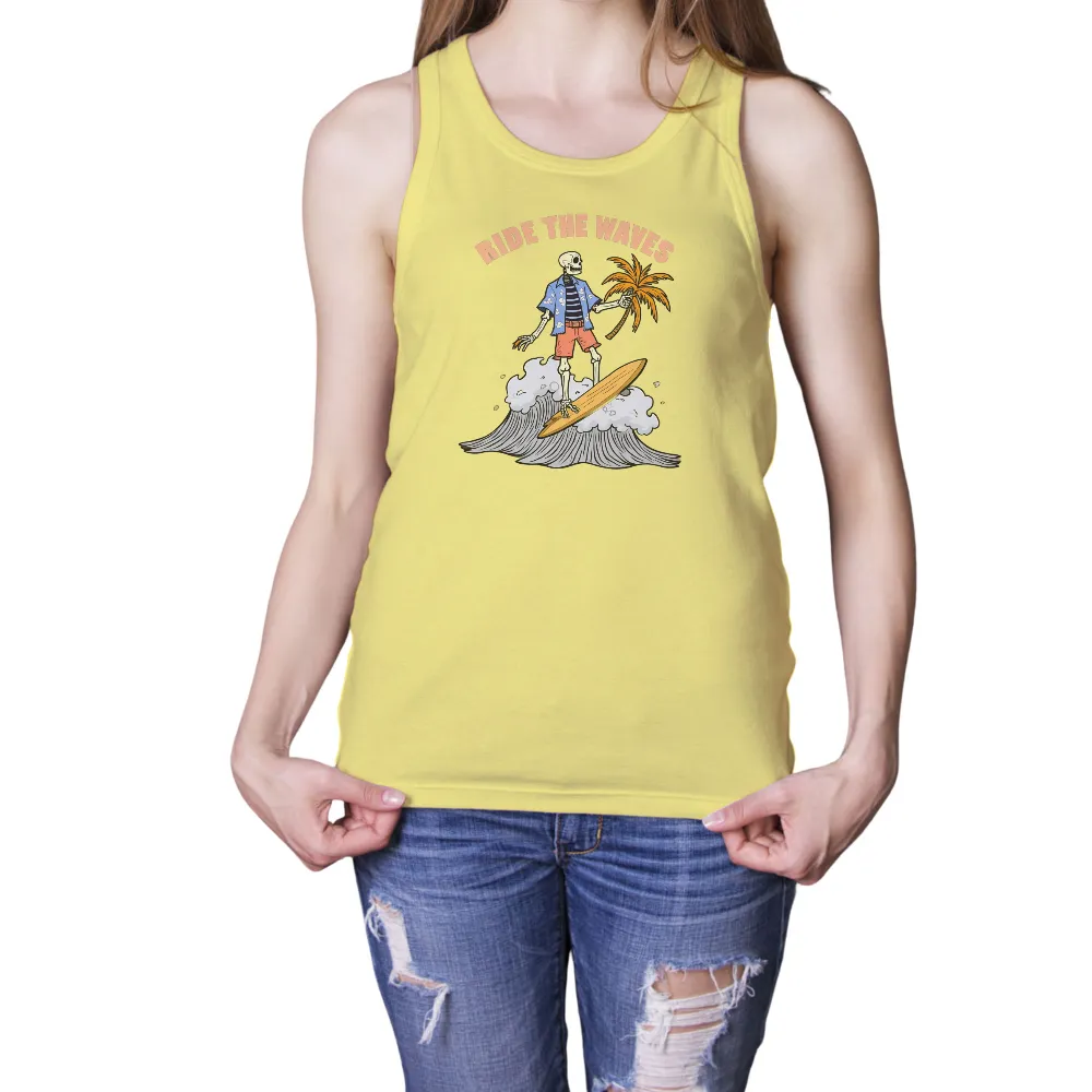 T-Shirts Custom: Skeleton Surfer Riding the Waves|Skeleton holding palm tree