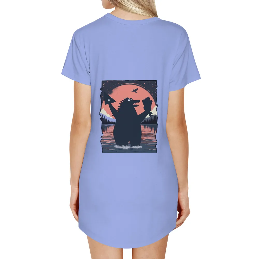 T-Shirts Pattern: Moonlit Guardian - Environmental Responsibility|cartoon bear print colorblock oversized tee