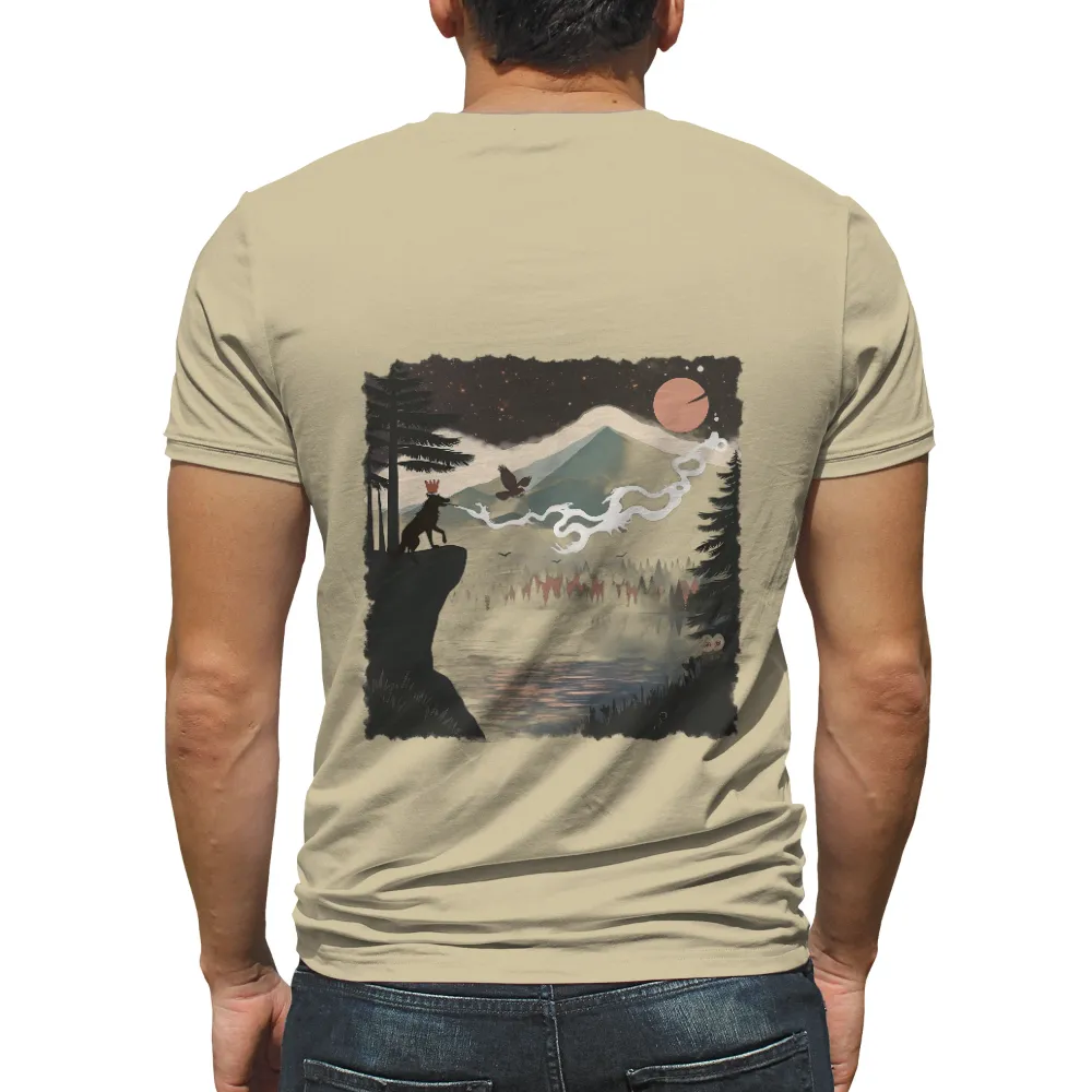 T-Shirts Design: Mystical Wolf and Ghost under Crescent Moon| serene lake