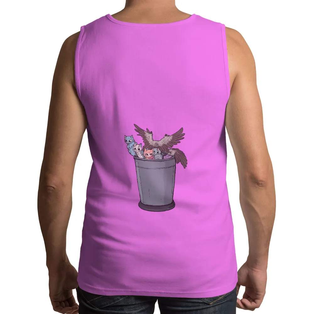 TShirt Printing: Whimsical Friendship | Owl & Kittens in a Trash Can| whimsical design