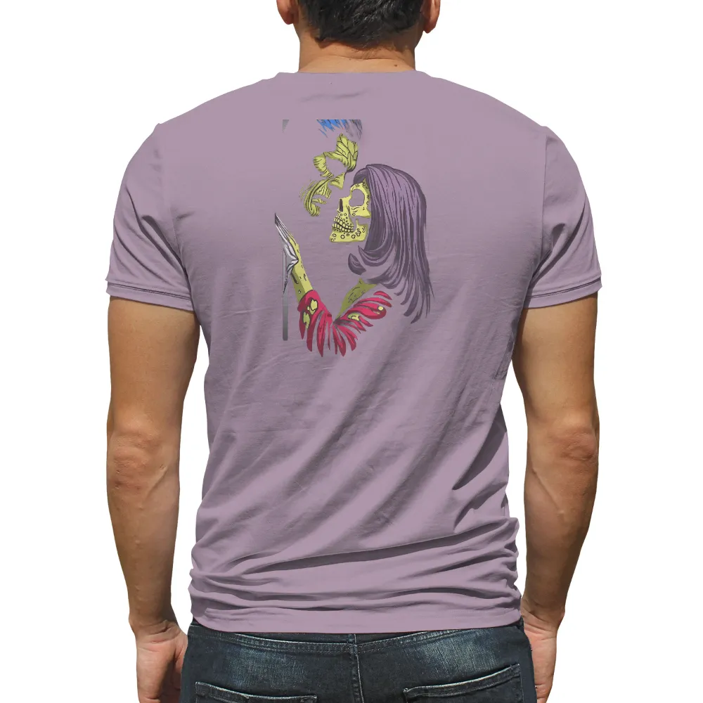 Customized Tee Shirts: Cyberpunk Skull with Purple Hair and Knife| Dark background with intricate patterns