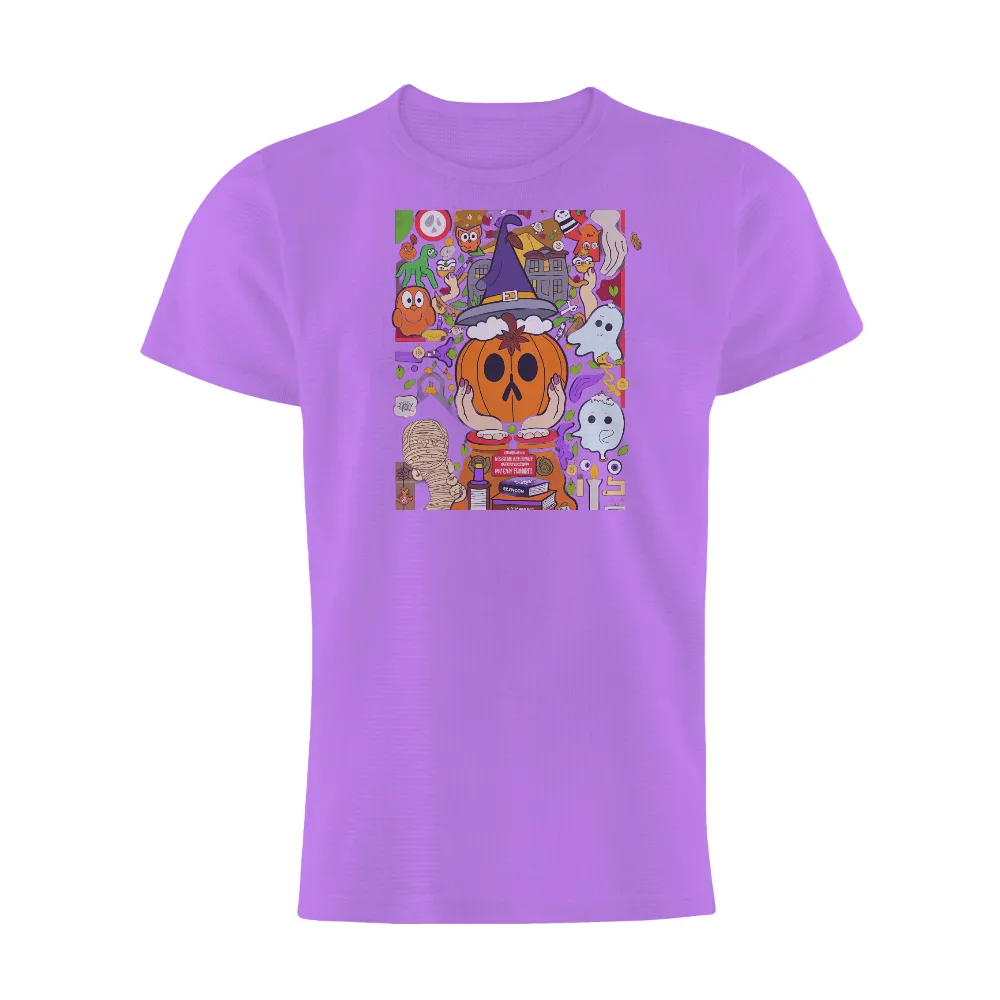 Custom Tee Shirts: Whimsical Halloween Pumpkin with Witch Hat| Vibrant colors