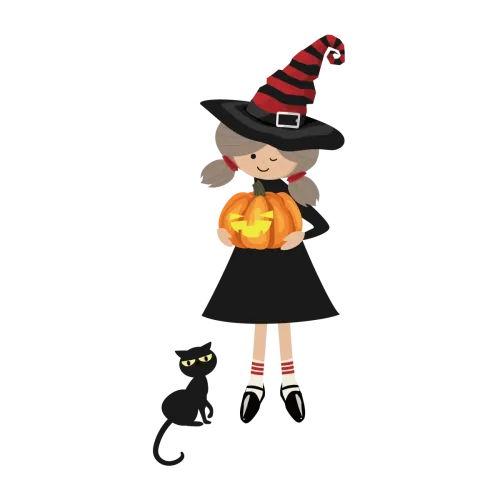 TShirt Design: Halloween Witch with Pumpkin and Black Cat