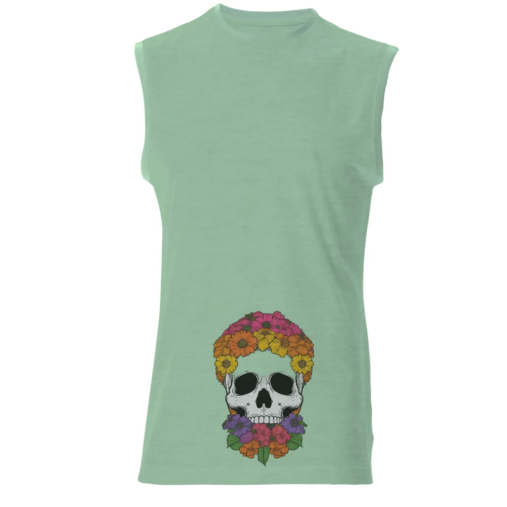 T-Shirt Printing: Vibrant Skull with Flowers - Artistic Celebration of Life and Death|animal crossing skull tee